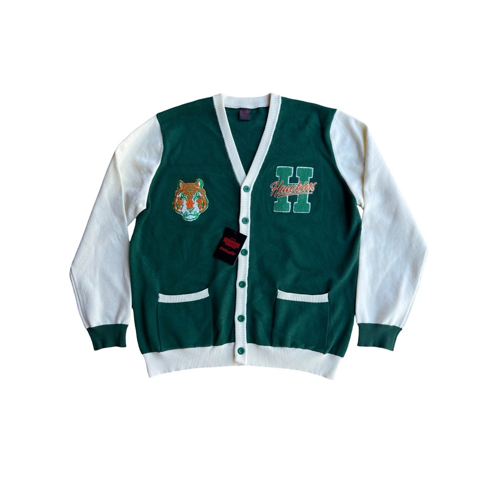 NWT $85 Stranger Things x Cakeworthy Hawkins High School L Cardigan Green White